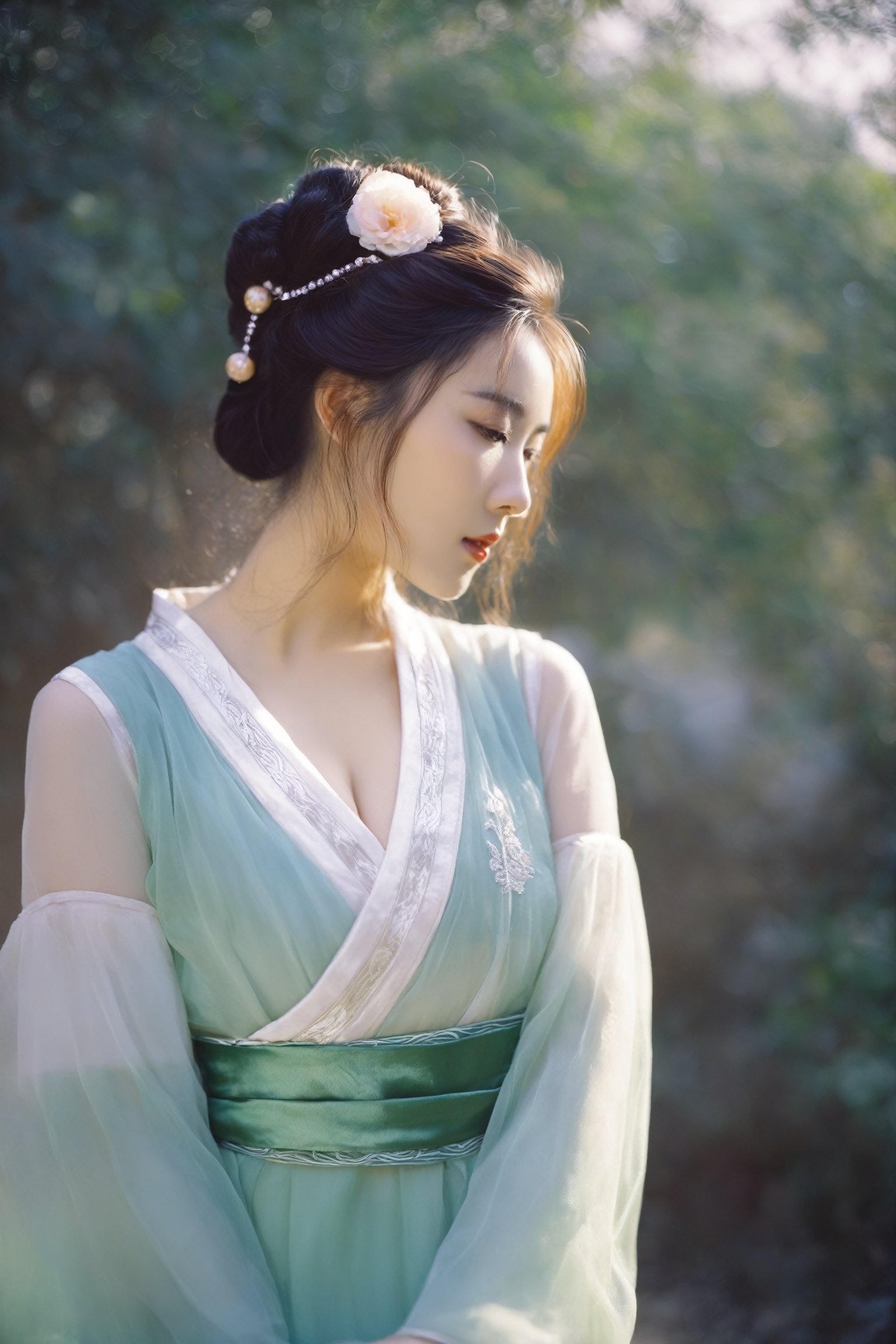 portrait of young woman in elegant hanfu, (big breasts:1.25), bokeh, interstellar, film grain,