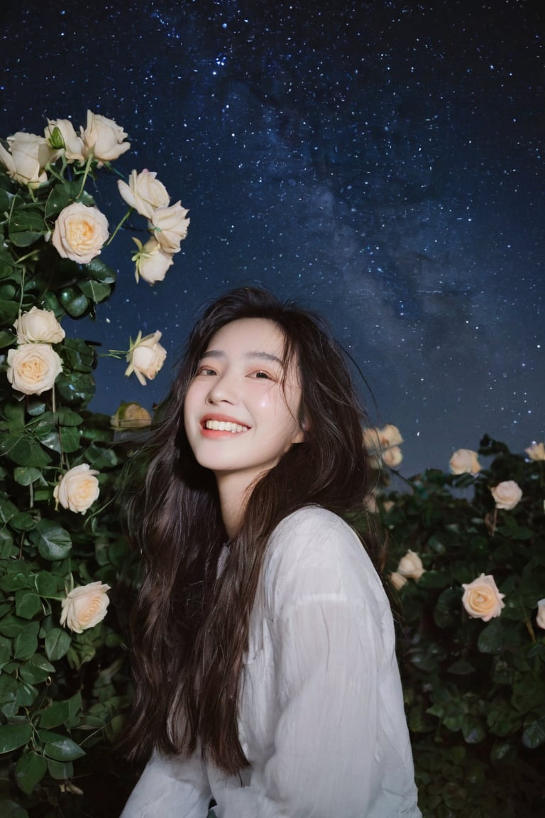 1girl, portrait of a girl, aoqun, Chinese style, clear polaroid, film, rough feeling, garden full of roses, night, Milky Way, shooting stars, long hair, hair blowing in the wind, flower leaves falling, smile, coolness, realistic, high resolution, high detail, photo, RAW, real life,xxmix_girl