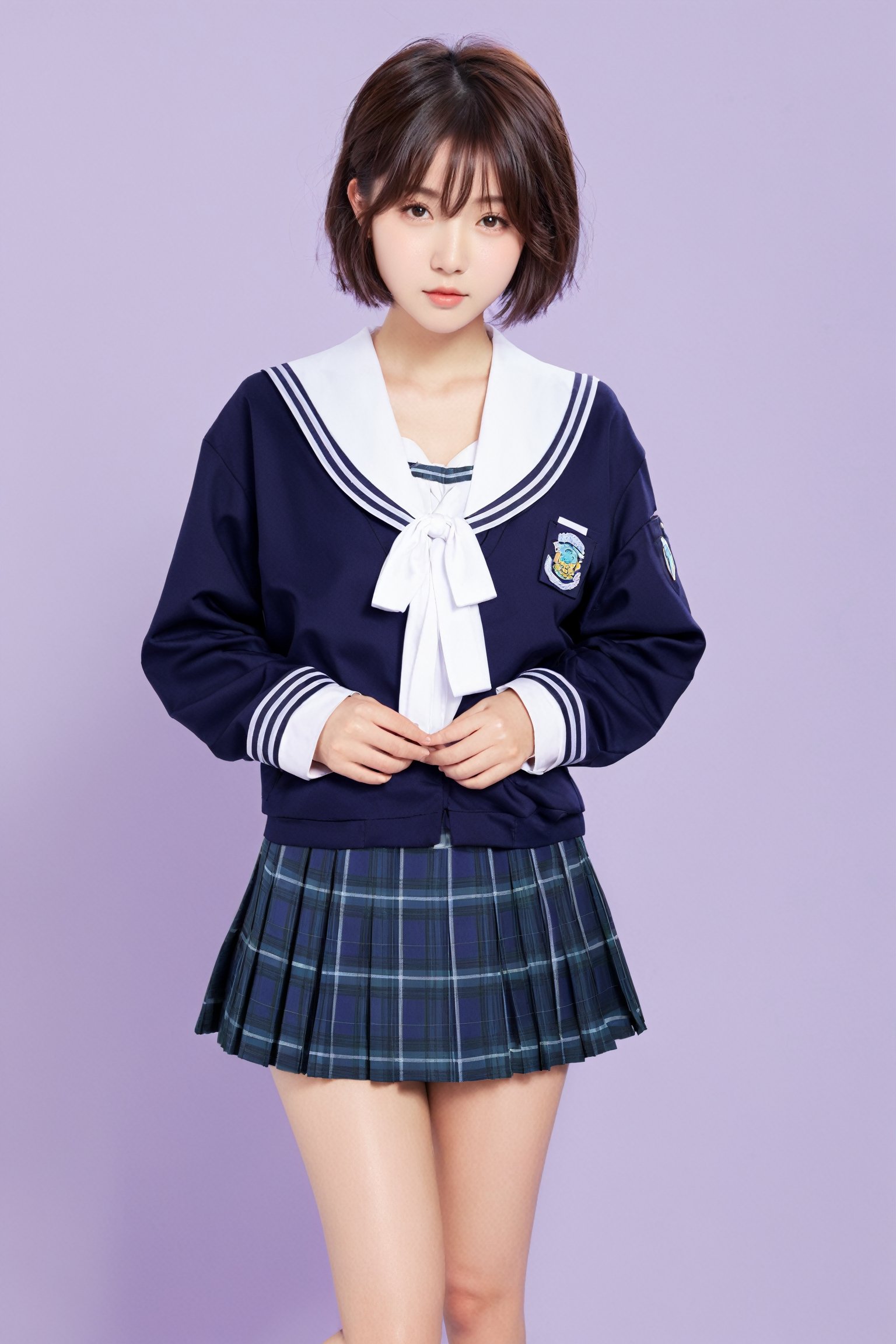 (1girl), standing, fluffy short hair, glowing skin, japanese JK SCHOOL UNIFORM, looking at viewer