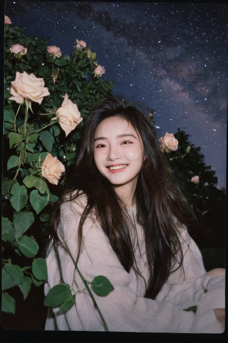 1girl, portrait of a girl, aoqun, Chinese style, clear polaroid, film, rough feeling, garden full of roses, night, Milky Way, shooting stars, long hair, hair blowing in the wind, flower leaves falling, smile, coolness, realistic, high resolution, high detail, photo, RAW, real life,xxmix_girl