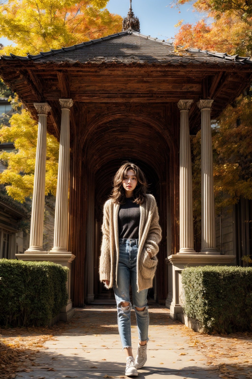 1girl,architecture,autumn,