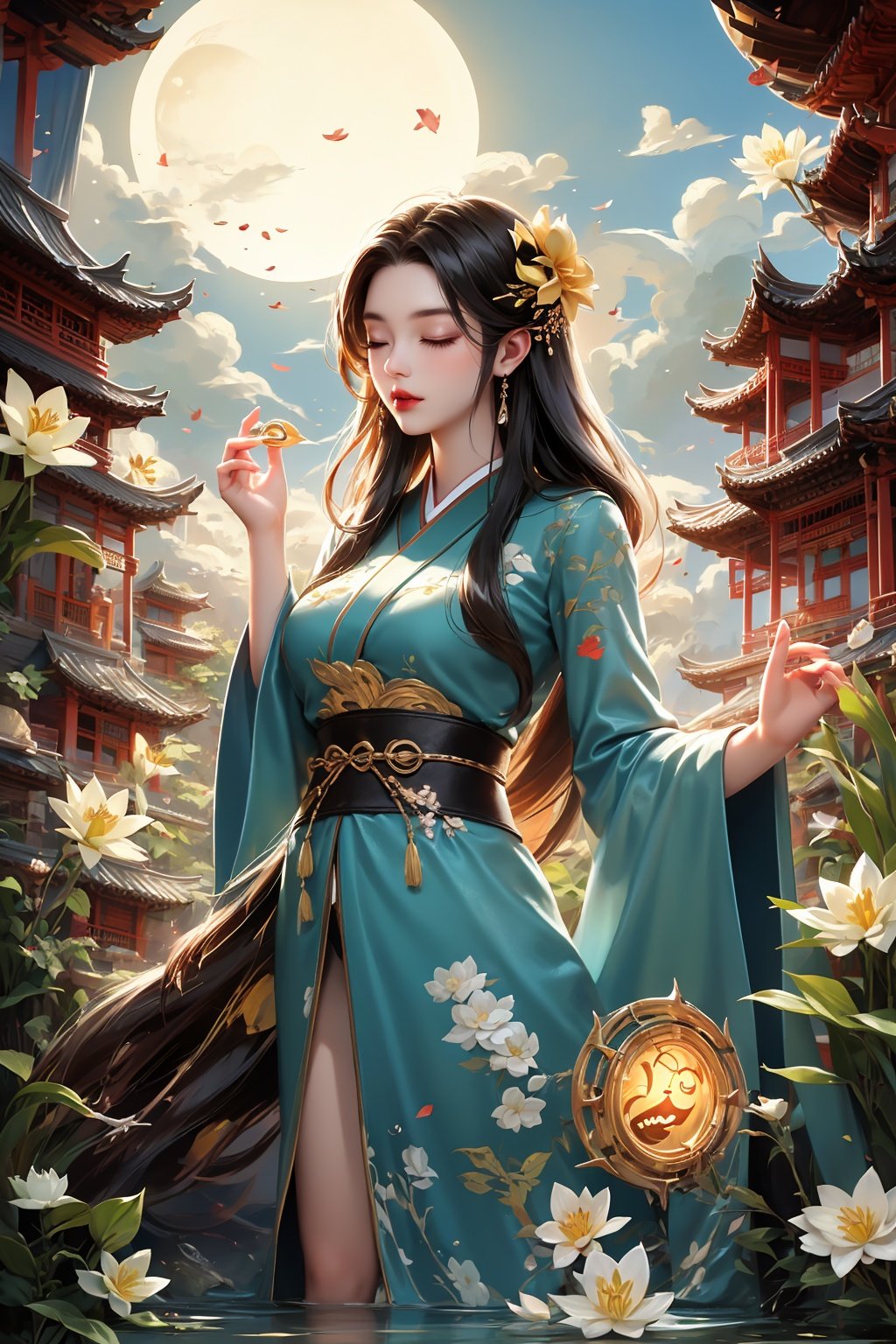 Fengjing1,1girl,architecture,artist name, ball, bird, bridge, camellia, circle, closed eyes, cloudiest asian architecture,egasumi,fish,floral print, flower, fox mask, full moon,goldfish,leaf,lily\(flower\),lily paddling hair, long sleeves,lotus,mask,moon,pagoda,paper lantern, sun,torii,traditional media, umbrella, very long hair, water, waves, white flower