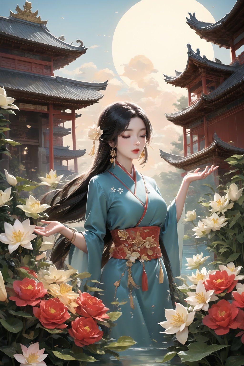 Fengjing1,1girl,architecture,artist name, ball, bird, bridge, camellia, circle, closed eyes, cloudiest asian architecture,egasumi,fish,floral print, flower, fox mask, full moon,goldfish,leaf,lily\(flower\),lily paddling hair, long sleeves,lotus,mask,moon,pagoda,paper lantern, sun,torii,traditional media, umbrella, very long hair, water, waves, white flower