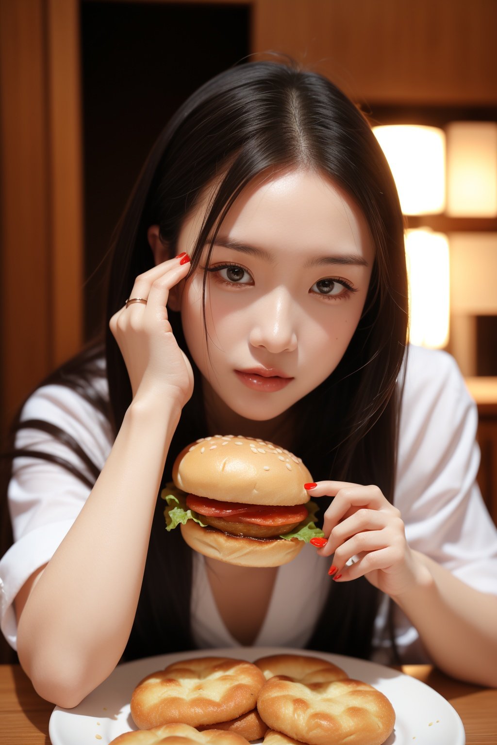 fengjing1,1girl,food,eat hamburger,