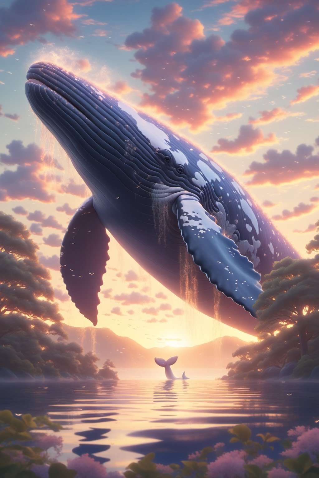 Hyperrealistic art BJ_Sacred_beast,outdoors,Kun,sky,cloud,water,tree,no_humans,animal,sunlight,cloudy_sky,scenery,sunset,whale,masterpiece,best quality,masterpiece,best quality,official art,extremely detailed CG unity 8k wallpaper,landscape/scenery,absurdres,<lora:SDXL_Sacred_beast_V2.3:0.7>, . Extremely high-resolution details, photographic, realism pushed to extreme, fine texture, incredibly lifelike