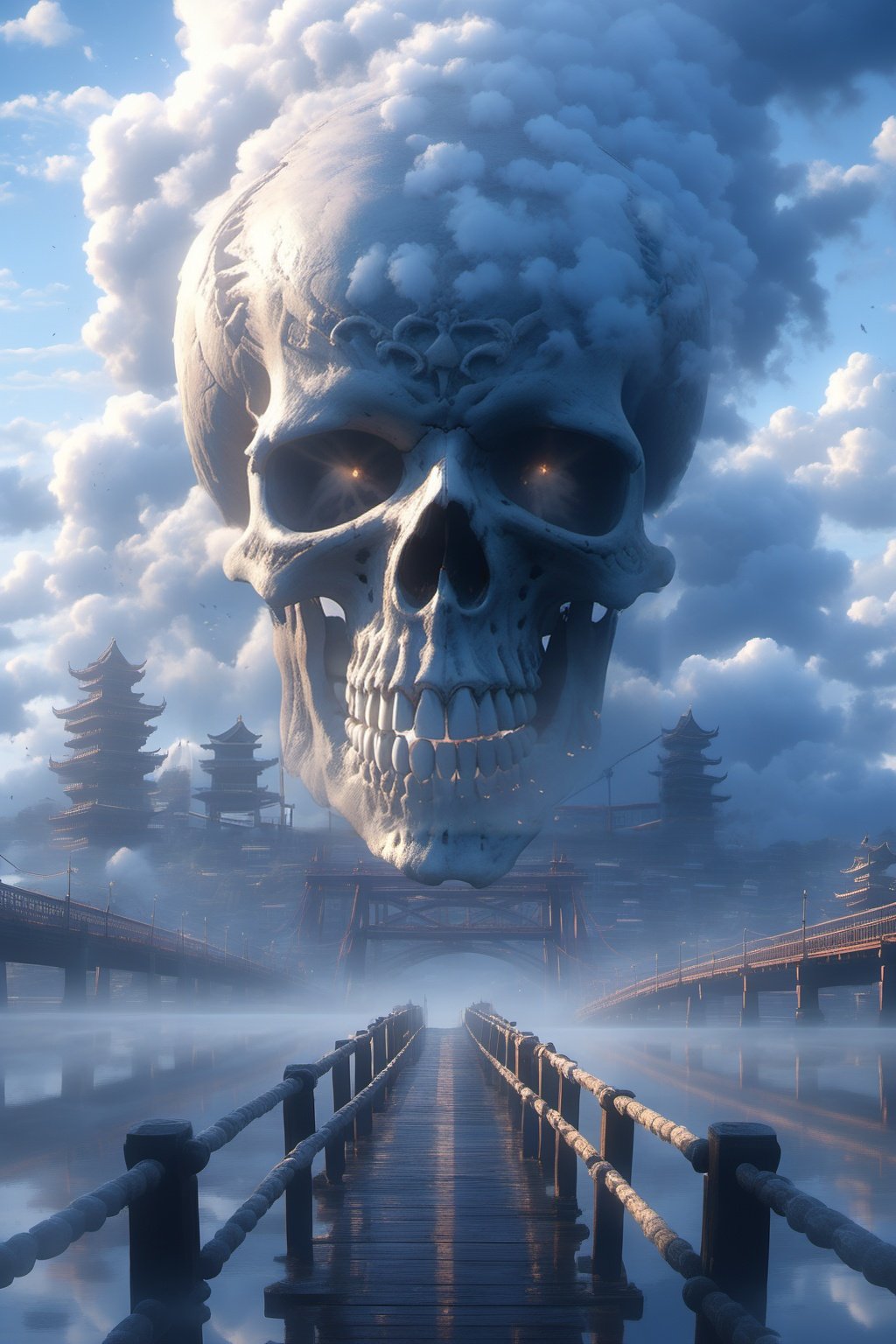 Hyperrealistic art BJ_Sacred_beast,skull,outdoors,sky,day,cloud,water,blue_sky,no_humans,cloudy_sky,building,scenery,reflection,monster,bridge,fog,cinematic lighting,strong contrast,high level of detail,Best quality,masterpiece,Extremely high-resolution details,photographic,realism pushed to extreme,fine texture,incredibly lifelike,<lora:SDXL_Sacred_beast_V2.3:0.7>, . Extremely high-resolution details, photographic, realism pushed to extreme, fine texture, incredibly lifelike