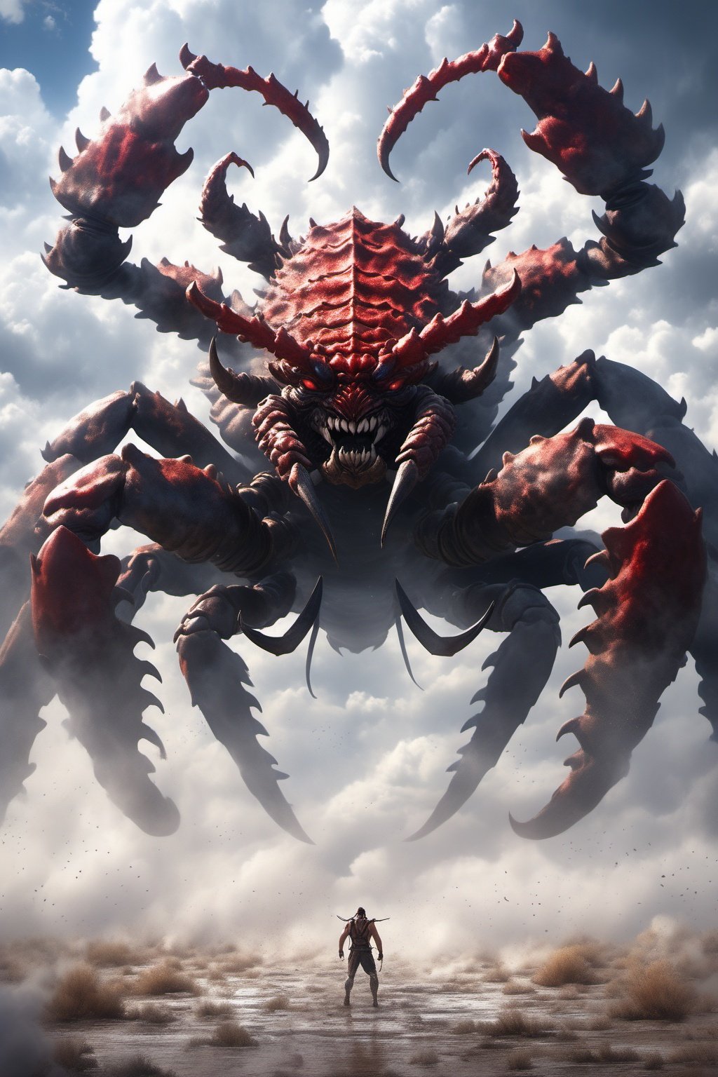 Hyperrealistic art BJ_Sacred_beast,Scorpion,solo,open_mouth,red_eyes,horns,sky,teeth,cloud,no_humans,cloudy_sky,monster,giant,cinematic lighting,strong contrast,high level of detail,Best quality,masterpiece,Extremely high-resolution details,photographic,realism pushed to extreme,fine texture,incredibly lifelike,<lora:SDXL_Sacred_beast_V2.3:0.6>, . Extremely high-resolution details, photographic, realism pushed to extreme, fine texture, incredibly lifelike