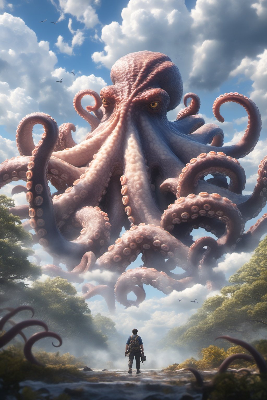 Hyperrealistic art BJ_Sacred_beast,Octopus,outdoors,horns,sky,day,cloud,tree,blue_sky,no_humans,bird,animal,cloudy_sky,scenery,tentacles,monster,cinematic lighting,strong contrast,high level of detail,Best quality,masterpiece,Extremely high-resolution details,photographic,realism pushed to extreme,fine texture,incredibly lifelike,<lora:SDXL_Sacred_beast_V2.3:0.6>, . Extremely high-resolution details, photographic, realism pushed to extreme, fine texture, incredibly lifelike