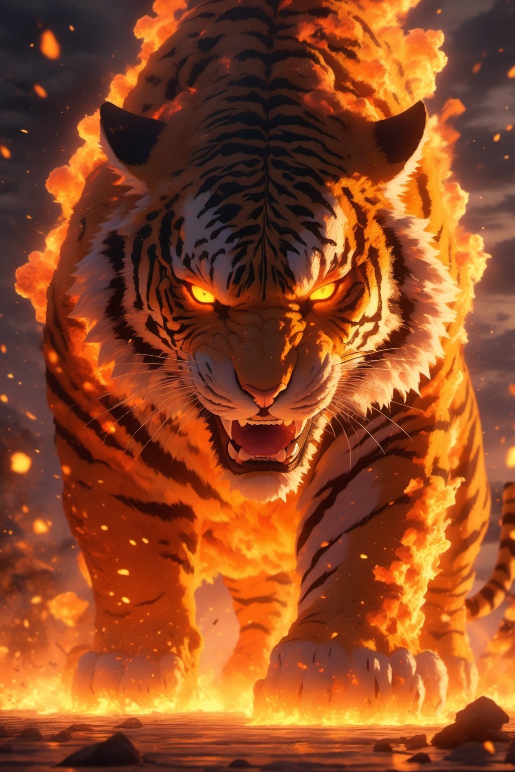 Hyperrealistic art BJ_Sacred_beast,looking_at_viewer,open_mouth,yellow_eyes,no_humans,glowing,animal,fangs,fire,glowing_eyes,explosion,tiger,embers,molten_rock,cinematic lighting,strong contrast,high level of detail,Best quality,masterpiece,Extremely high-resolution details,photographic,realism pushed to extreme,fine texture,incredibly lifelike,<lora:SDXL_Sacred_beast_V2.3:0.6>, . Extremely high-resolution details, photographic, realism pushed to extreme, fine texture, incredibly lifelike