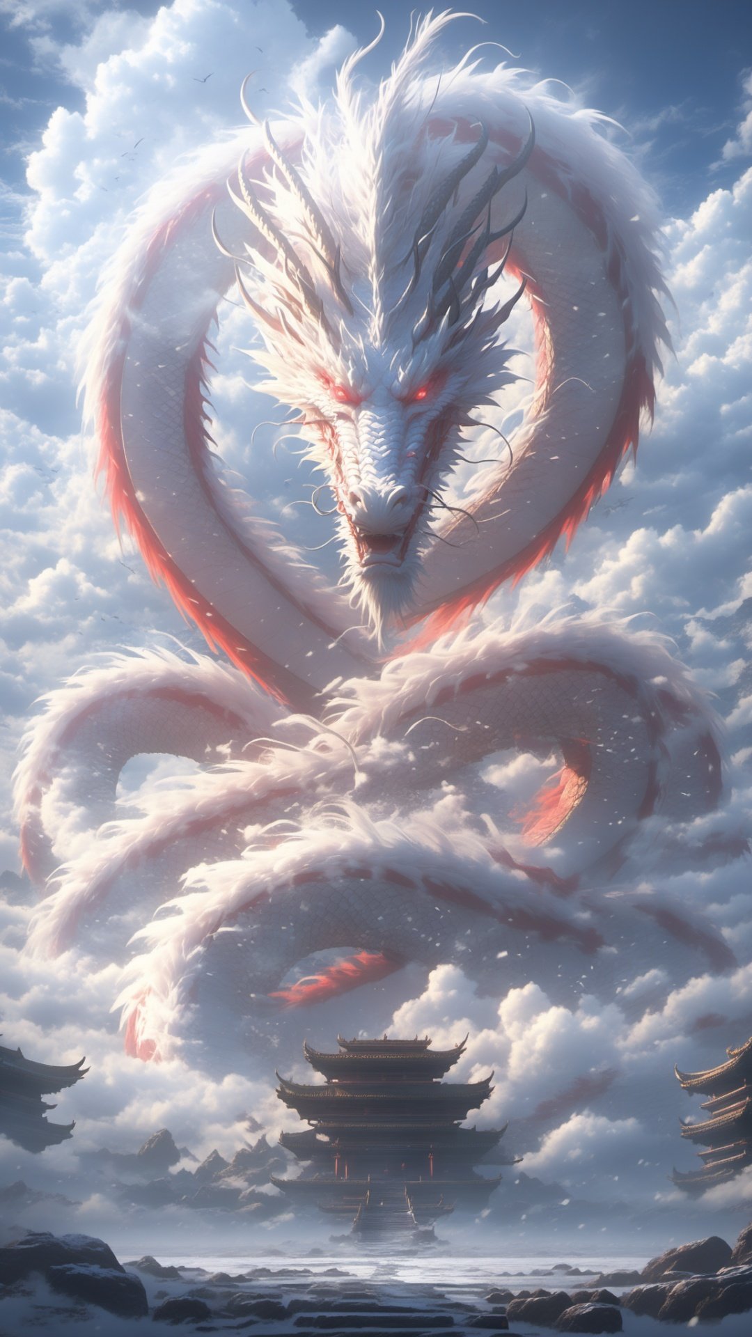 Hyperrealistic art BJ_Sacred_beast,red_eyes,outdoors,horns,sky,cloud,no_humans,bird,cloudy_sky,scenery,stairs,fantasy,dragon,architecture,east_asian_architecture,eastern_dragon,masterpiece,best quality,masterpiece,best quality,official art,extremely detailed CG unity 8k wallpaper,landscape/scenery,absurdres,<lora:SDXL_Sacred_beast_V2.3:0.7>, . Extremely high-resolution details, photographic, realism pushed to extreme, fine texture, incredibly lifelike