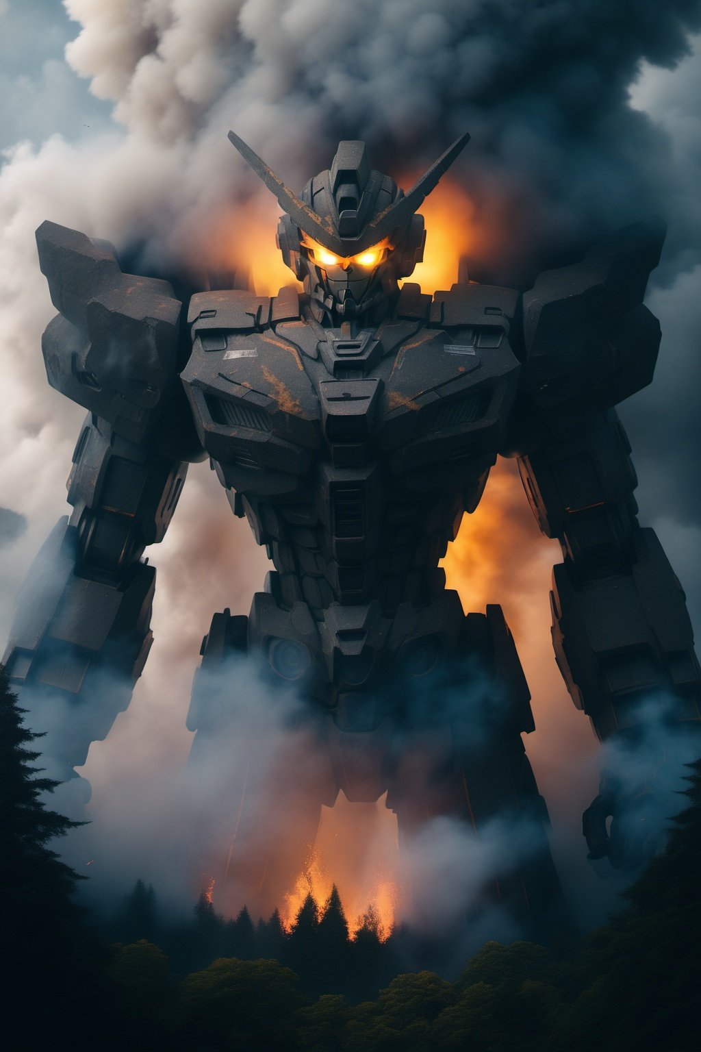 Hyperrealistic art BJ_Sacred_beast,gundam,solo,outdoors,sky,cloud,tree,no_humans,glowing,fire,robot,mecha,glowing_eyes,smoke,science_fiction,cinematic lighting,strong contrast,high level of detail,Best quality,masterpiece,Extremely high-resolution details,photographic,realism pushed to extreme,fine texture,incredibly lifelike ,<lora:SDXL_Sacred_beast_V2.3:0.7>, . Extremely high-resolution details, photographic, realism pushed to extreme, fine texture, incredibly lifelike