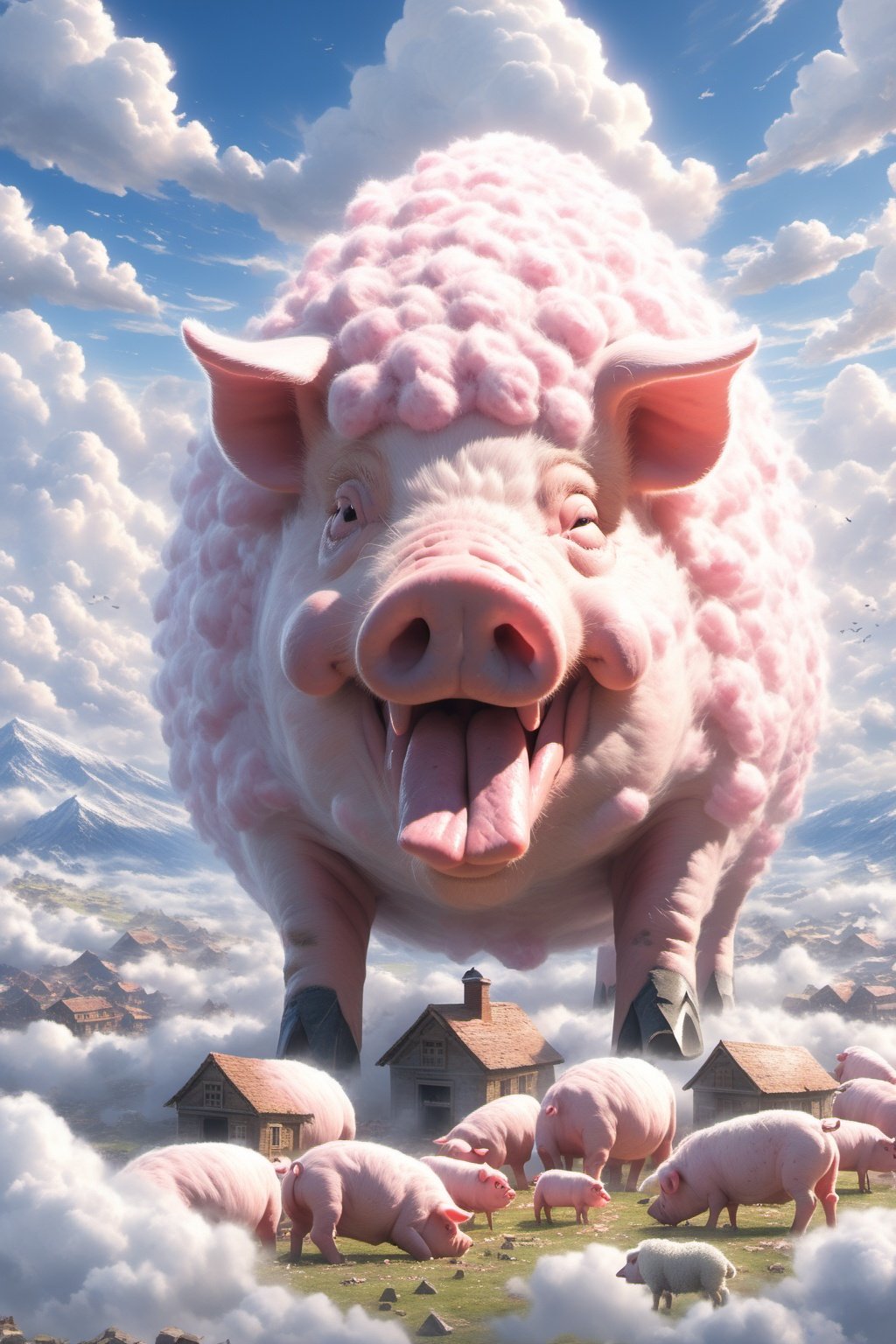 Hyperrealistic art BJ_Sacred_beast,pig,open_mouth,closed_eyes,outdoors,sky,day,cloud,blue_sky,no_humans,bird,animal,cloudy_sky,building,scenery,sheep,cinematic lighting,strong contrast,high level of detail,Best quality,masterpiece,Extremely high-resolution details,photographic,realism pushed to extreme,fine texture,incredibly lifelike,<lora:SDXL_Sacred_beast_V2.3:0.6>, . Extremely high-resolution details, photographic, realism pushed to extreme, fine texture, incredibly lifelike