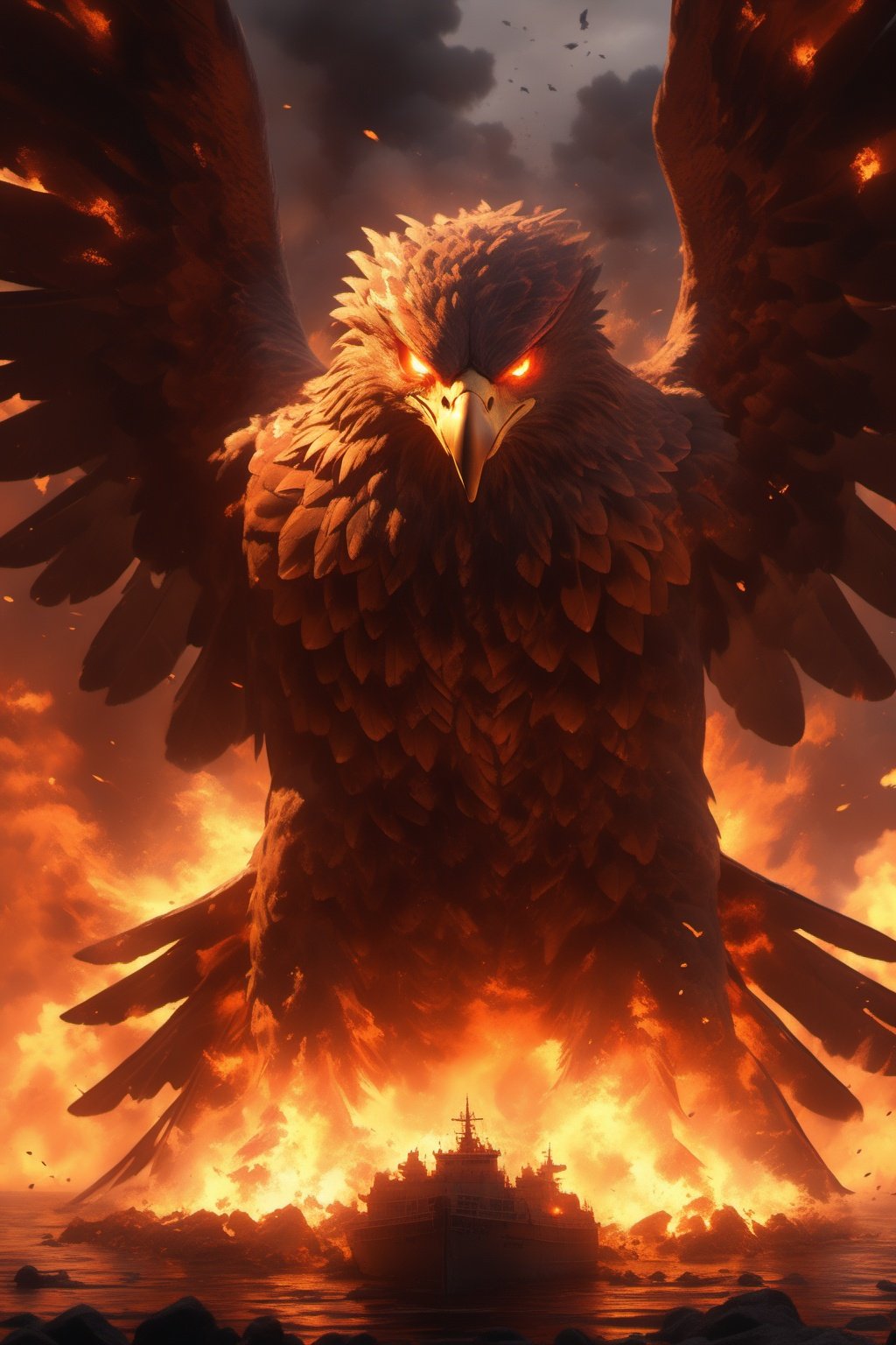 Hyperrealistic art BJ_Sacred_beast,Eagle,wings,no_humans,glowing,bird,fire,glowing_eyes,smoke,explosion,ship,molten_rock,cinematic lighting,strong contrast,high level of detail,Best quality,masterpiece,Extremely high-resolution details,photographic,realism pushed to extreme,fine texture,incredibly lifelike,<lora:SDXL_Sacred_beast_V2.3:0.6>, . Extremely high-resolution details, photographic, realism pushed to extreme, fine texture, incredibly lifelike