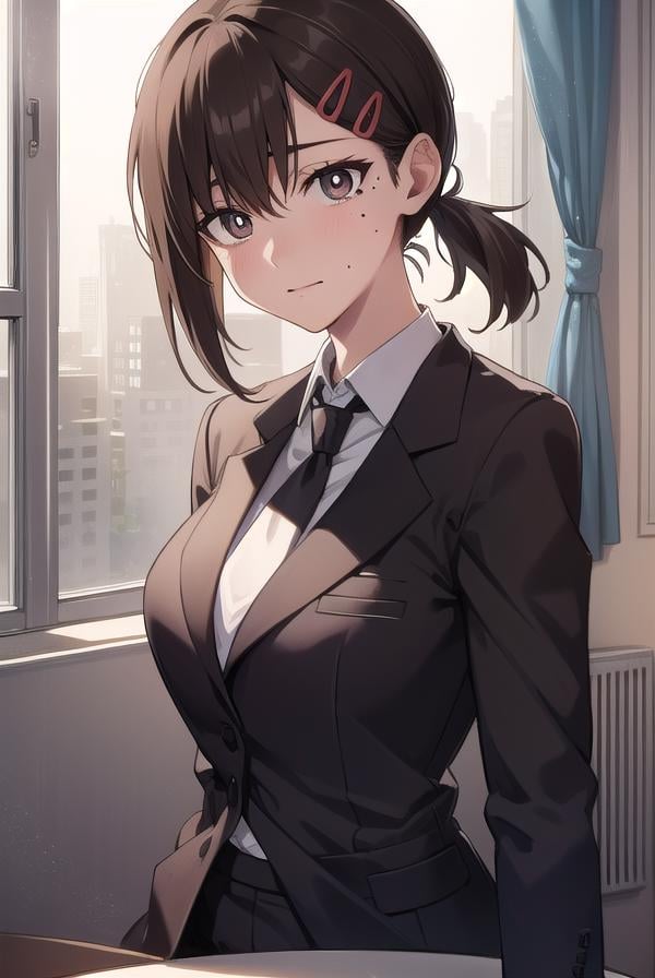 kobenihigashiyama, <lora:kobenihigashiyamatest:1>,kobeni higashiyama, black hair, hair ornament, hairclip, mole, mole under eye, ponytail, short hair, (brown eyes:1.5),BREAK black necktie, black pants, business suit, formal, long sleeves, necktie, pants, suit, BREAK looking at viewer,BREAK indoors, classroom,BREAK <lora:GoodHands-vanilla:1>, (masterpiece:1.2), best quality, high resolution, unity 8k wallpaper, (illustration:0.8), (beautiful detailed eyes:1.6), extremely detailed face, perfect lighting, extremely detailed CG, (perfect hands, perfect anatomy),