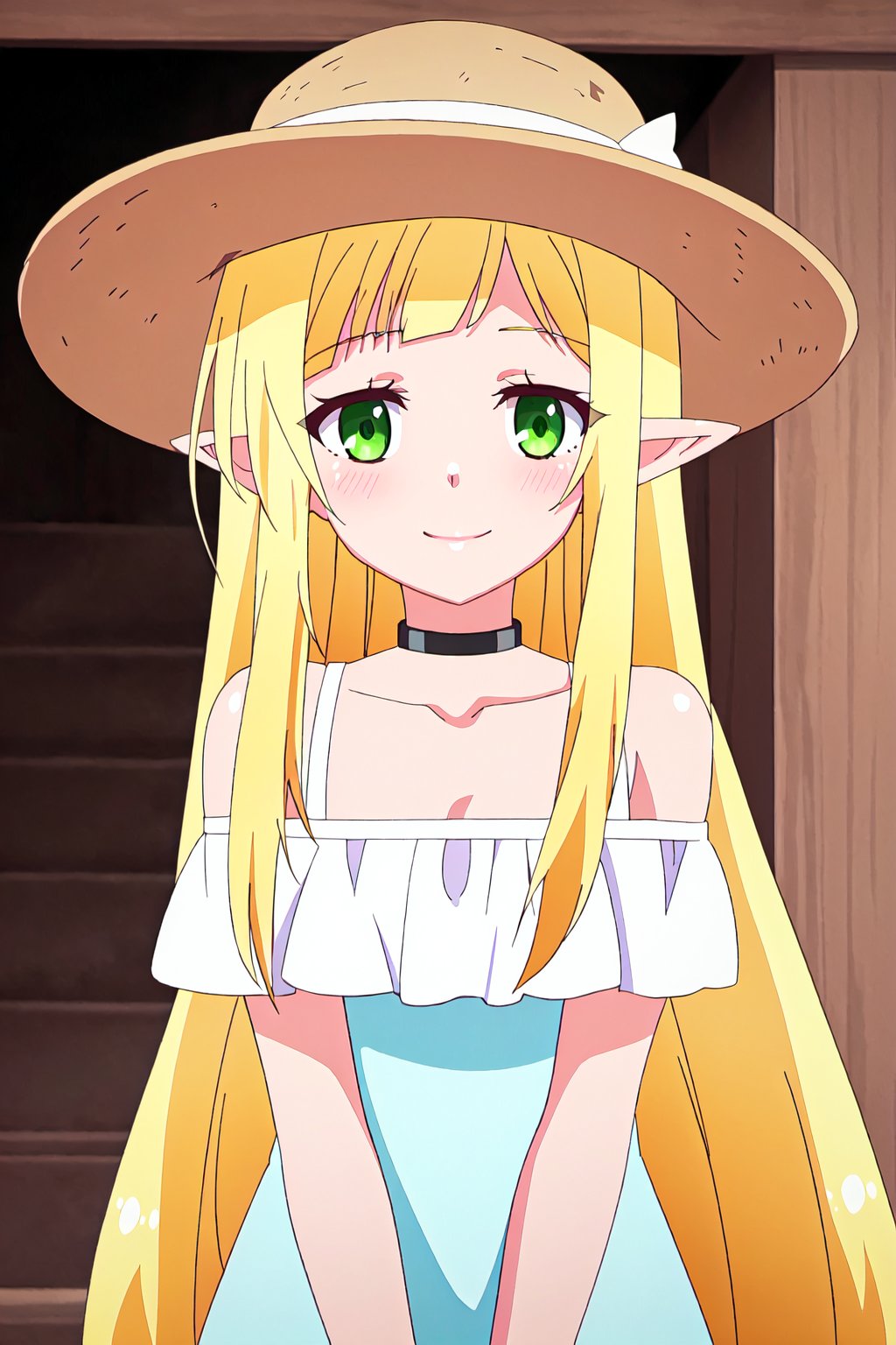 efil,1girl, blonde hair, solo, long hair, pointy ears, green eyes, hat, dress, smile, choker, looking at viewer, elf, blush, hand on headwear, bangs, upper body, very long hair, sun hat, blunt bangs, bare shoulders, collarbone, black choker


high quality,best quality,ultra detailed,masterpiece,

