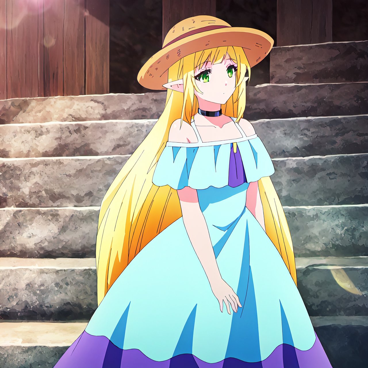 efil,1girl, solo, blonde hair, long hair, hat, dress, green eyes, pointy ears, choker, very long hair, sun hat, collarbone, bare shoulders, blue dress, standing, elf, off-shoulder dress, outdoors

high quality,best quality,ultra detailed,masterpiece,

