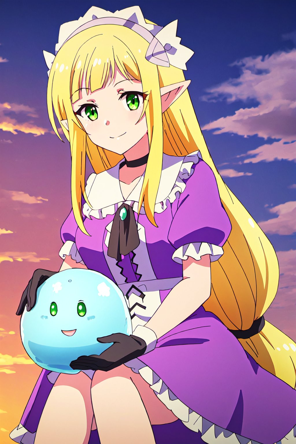 efil,1girl, blonde hair, long hair, green eyes, gloves, choker, smile, pointy ears, sitting, black gloves, dress, outdoors, slime \(creature\), bangs, low-tied long hair, purple dress, frills, looking at viewer, elf, black choker, short sleeves, maid headdress, closed mouth, sunset, blunt bangs, sky, solo


high quality,best quality,ultra detailed,masterpiece,

