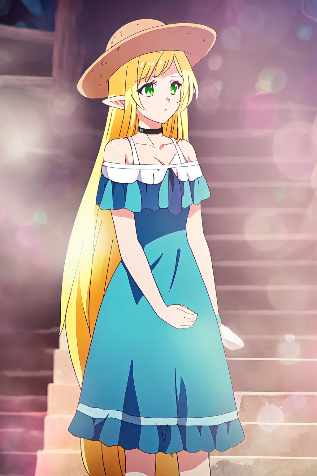 efil,1girl, solo, blonde hair, long hair, hat, dress, green eyes, pointy ears, choker, very long hair, sun hat, collarbone, bare shoulders, blue dress, standing, elf, off-shoulder dress, outdoors

high quality,best quality,ultra detailed,masterpiece,

