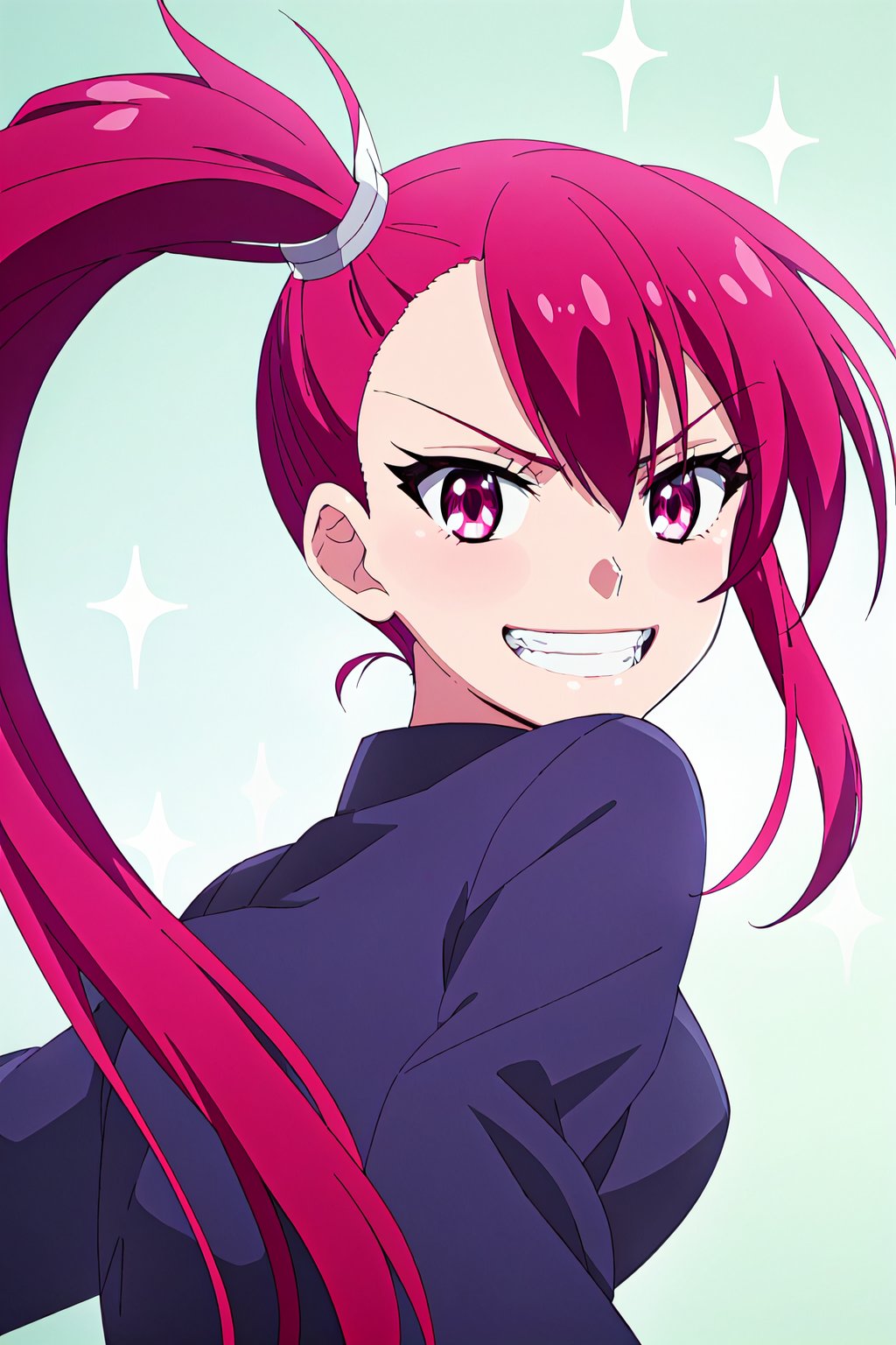 sera,1girl, solo, side ponytail, red hair, long hair, smile, looking at viewer, teeth, looking back, anime coloring, clenched teeth, grin, red eyes, upper body, purple eyes

high quality,best quality,ultra detailed,masterpiece,

