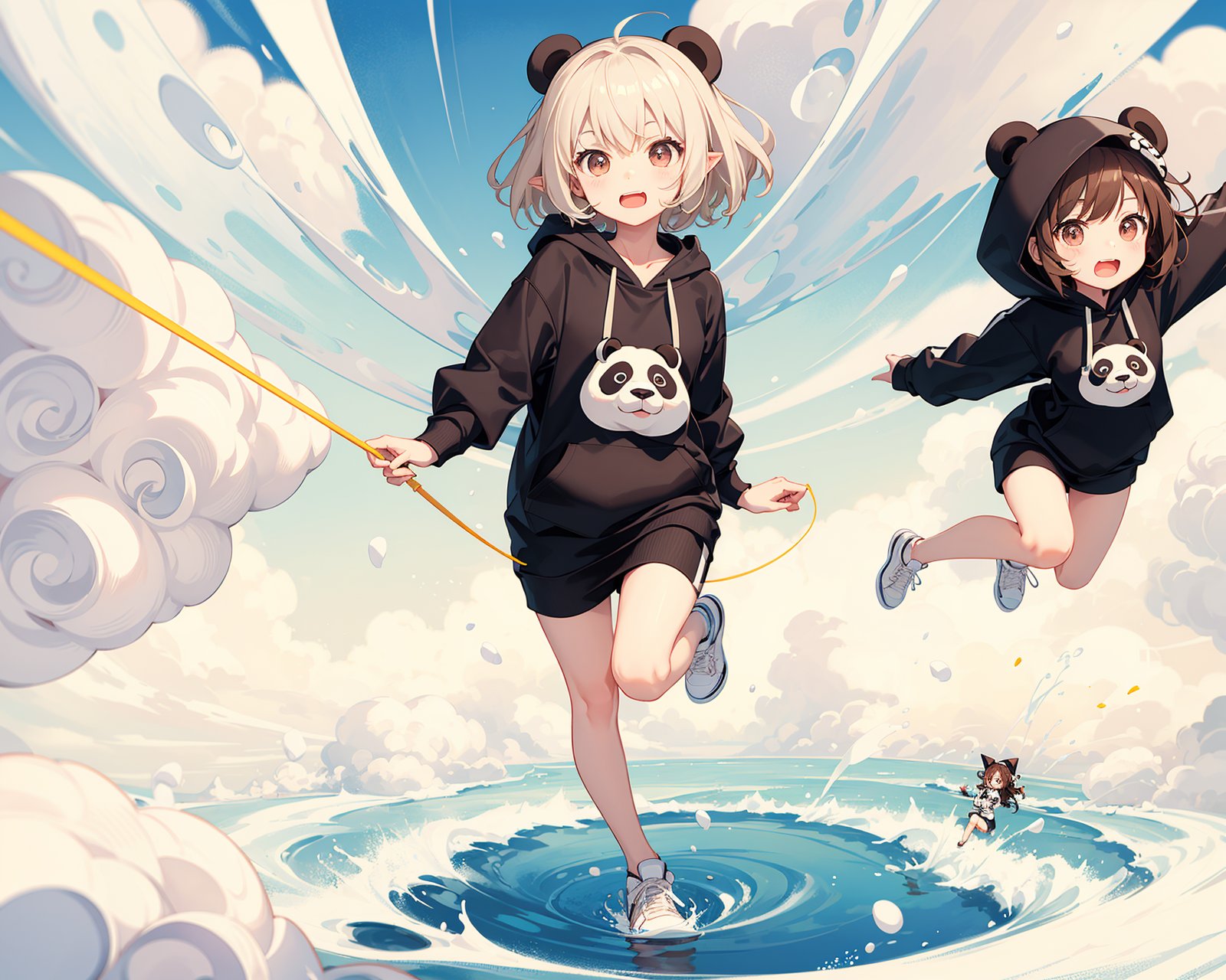 full body, 2 cute girls in hoodie skipping, artistic, artist, big head chibi style, simple volumtric light background, swirling clouds, large brown detailed eyes, 2 girls,ColorART, panda ears