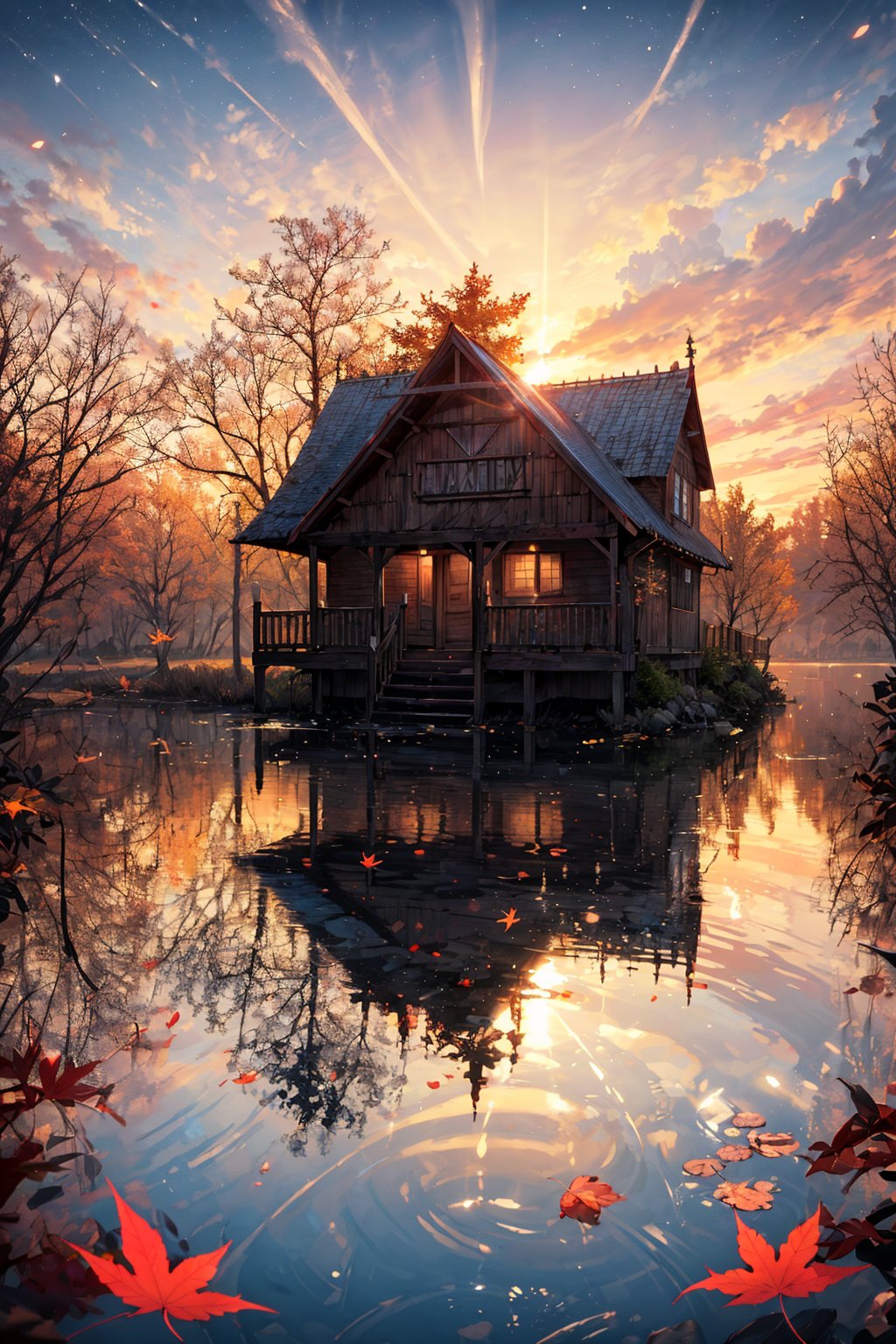 Wooden cabin in the midle of Lake, perfect sunset light on far away, golden rays , water reflection, breeze atmosphere, magnificent view, serene forest around, maple leaves floating , perfect composition, perfect light, profesional shot, canon 5d mark iv 75mm lens f2.8, dark to light, 8k unity wallpaper ,high_res