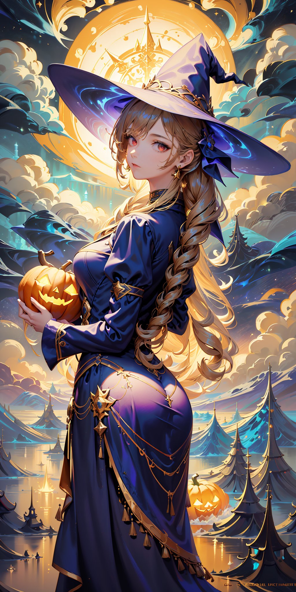 ((masterpiece)), (best quality), (cinematic), Slender, skinny, big Chest, big breasts, witch, witch_hat, girl dressed in a spooky Halloween costume, holding a carved pumpkin, pumpkin goddess, surrounded by pumpkin, wearing a gorgeous black dress with detailed ornaments on her head, close-up, puddles of water, long white hair, bangs, red eyes, wind, detailed face, detailed body, dark gray sky, glow, clouds, city lights, floating bubbles (cinematic, colorful), (extremely detailed), clouds, highly detailed face,aerith gainsborough,aerith gainsborough \(cosplay\), choker, face, close up.,Detailedface