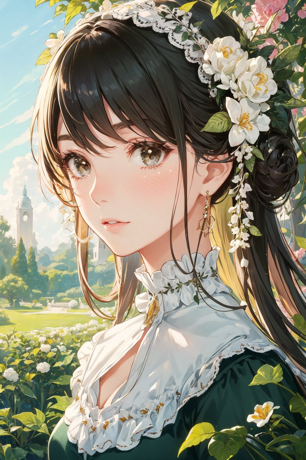 a beautiful girl, perfect face, (detailed face), ((detailed facial features)), full body victorian era dress, [ball gown, garden, sky masterpiece, high quality, best quality, [delicate pattern, intricate detail, [soft rim light], detailed foliage, flowers, garden alcove bower