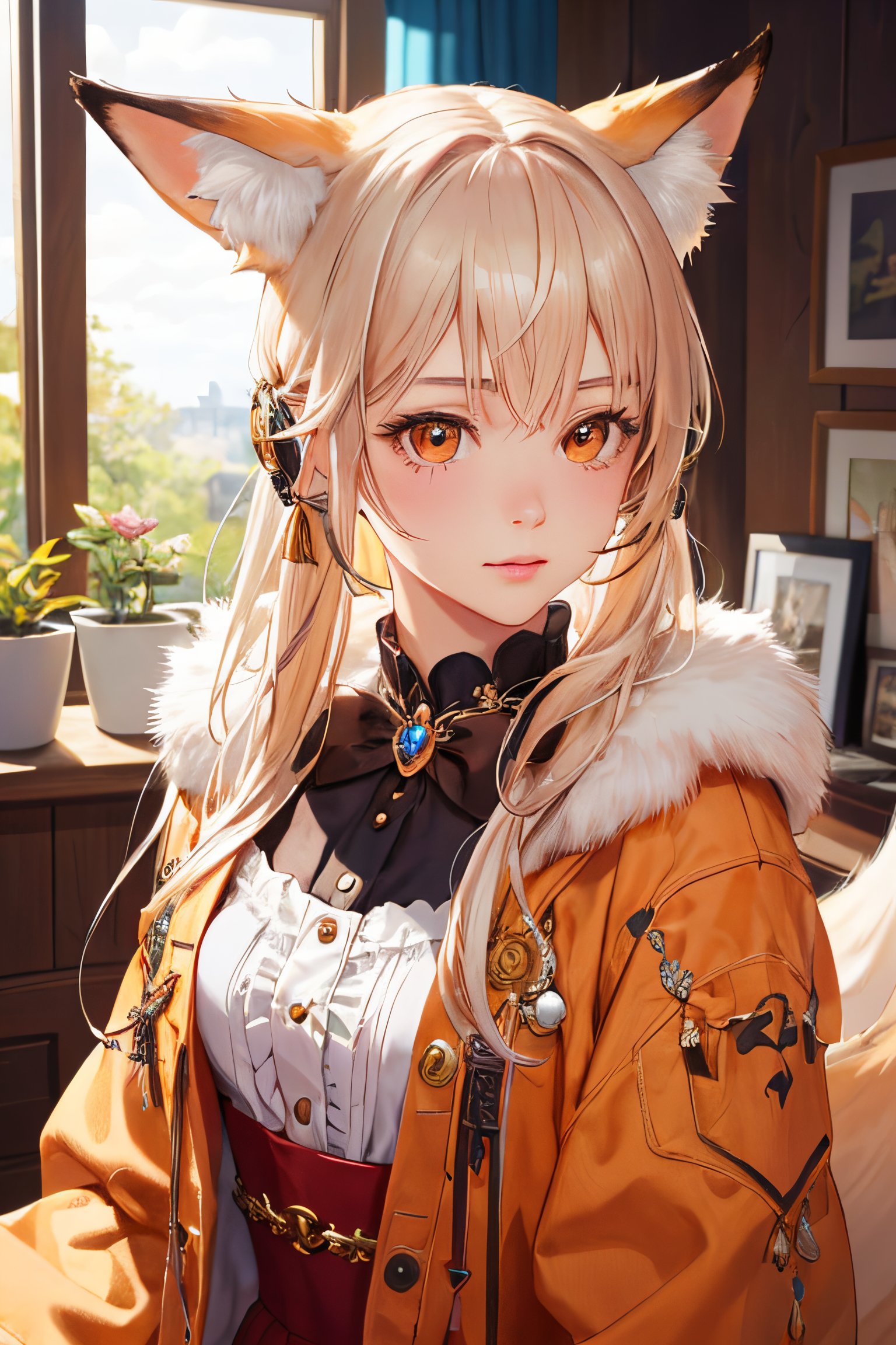 1girl, caucasian, adult, indoors, colorful, cute fox costume, ultra realistic, best quality, ultra detailed, average girl, upper body, closeup,More Detail