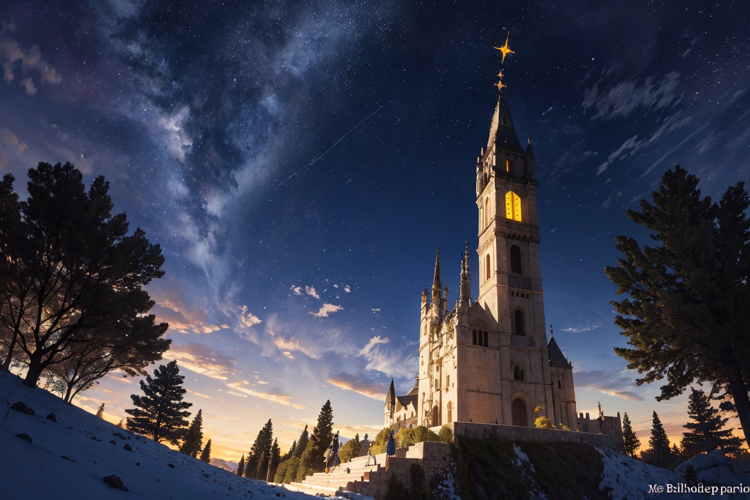 obra maestra, mejor calidad, increíblemente absurdos, (((ciudad de fantasía colorida y brillante))), adoquines, gran planeta en el cielo, fantasía colorida, cielo nocturno, estrella fugaz, efecto brillante, cielo estrellado, ((flor brillante)), menos iluminación,castillo medieval,antiguo,noche estrellada,un hermoso paisaje de montaña, fondo temático, neón, resplandor, símbolos ondeantes, | profundidad de campo, bokeh, | sombras suaves y detalladas, sombras hiperrealistas (color saturado) | ,(motor irreal, estilo pixar), (modelo 3d) ,wrench_elven_arch,DonMG414 ,RING,FFIXBG,MFBP1