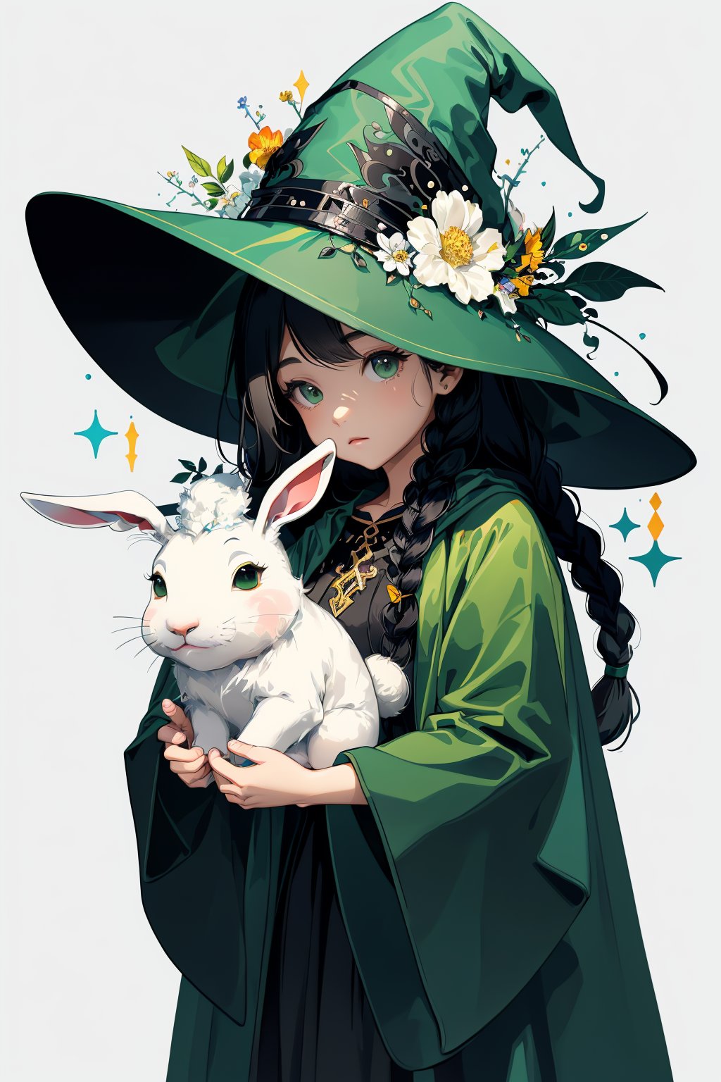 (( Ride on beautifully decorated white giant lagomorph )) , shining eyes , twin braid , black hair , parted bangs, little girl, 15 years old, simple green witch's big hat and green robe, intricate details, 32k digital painting, hyperrealism, (vivid color,abstract background:1.3, colorful:1.3, flowers:1.2, zentangle:1.2, fractal art:1.1) ,High detailed ,