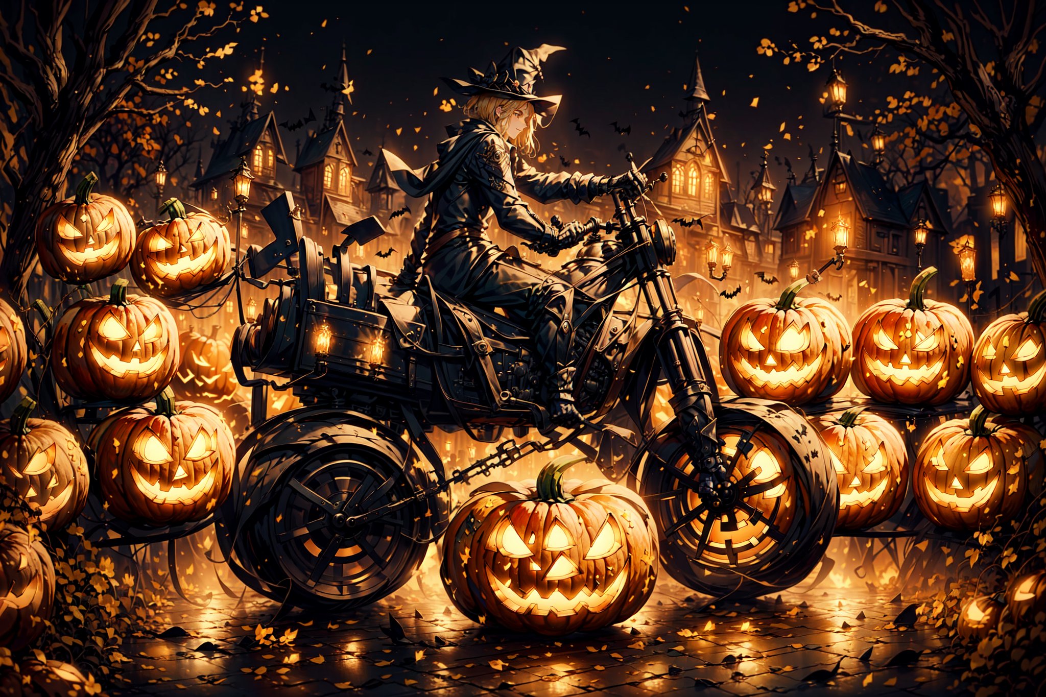 masterpiece, best quality,  background very elaborate , Vehicle monster truck , (({headless horseman} driving )), Jack o 'Lantern,  background city medieval,  Halloween, , film scene, More Detail, headless horseman, horror, <lora:EMS-61345-EMS:1.400000>, , <lora:EMS-71878-EMS:0.800000>