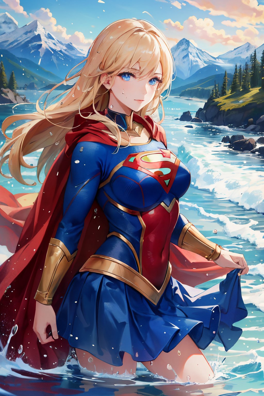 Masterpiece,high quality, Ultra HD, high detailed, supergirl, black costume, water drops on skin, colors dancing in the background, 4k, 8k, top lighting, mountain range background, long flowing black hair, large muscles, cute face, red cape, blue eyes, gazing into the camera ,More Detail