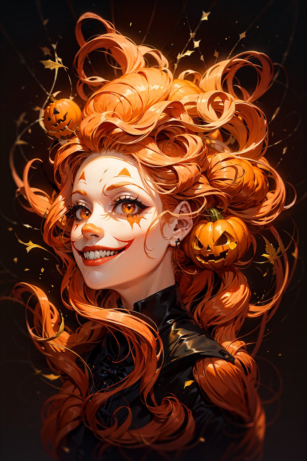 jack-o'-lantern, clown, pumpkin, vest, horror \(theme\), orange hair, gloves, smile, long hair, side