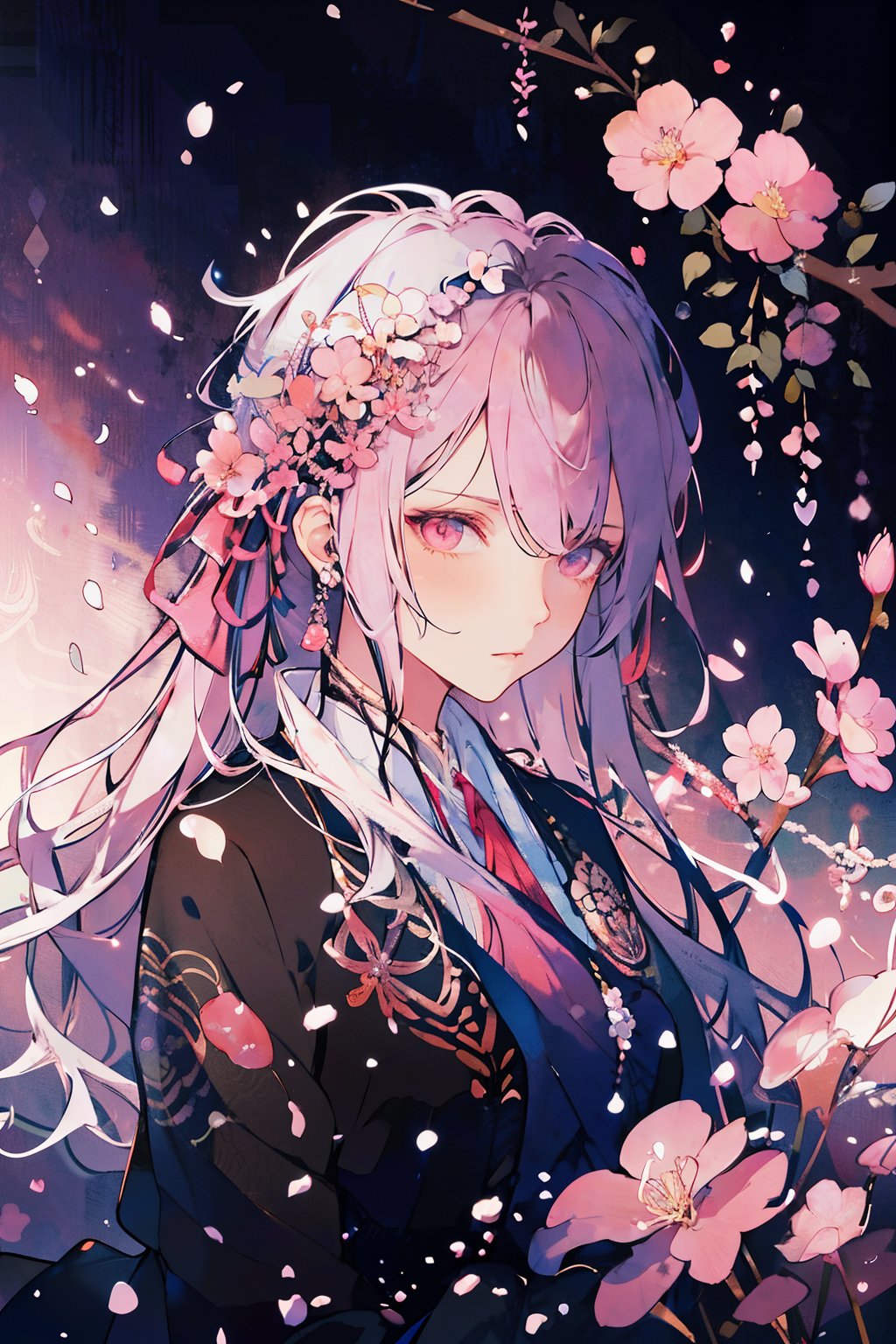 8k, (absurdres, highres, ultra detailed), (1lady:1.3), a close up of a woman's face surrounded by flowers, stunning anime face portrait, cgsociety 9, beautiful anime portrait, detailed portrait of anime girl, 🌺 cgsociety, gorgeous digital art, girl in flowers, pink flowers, wlop painting style, with frozen flowers around her, stunning cgsociety, portrait anime girl, art of wlop, beautiful anime style, 