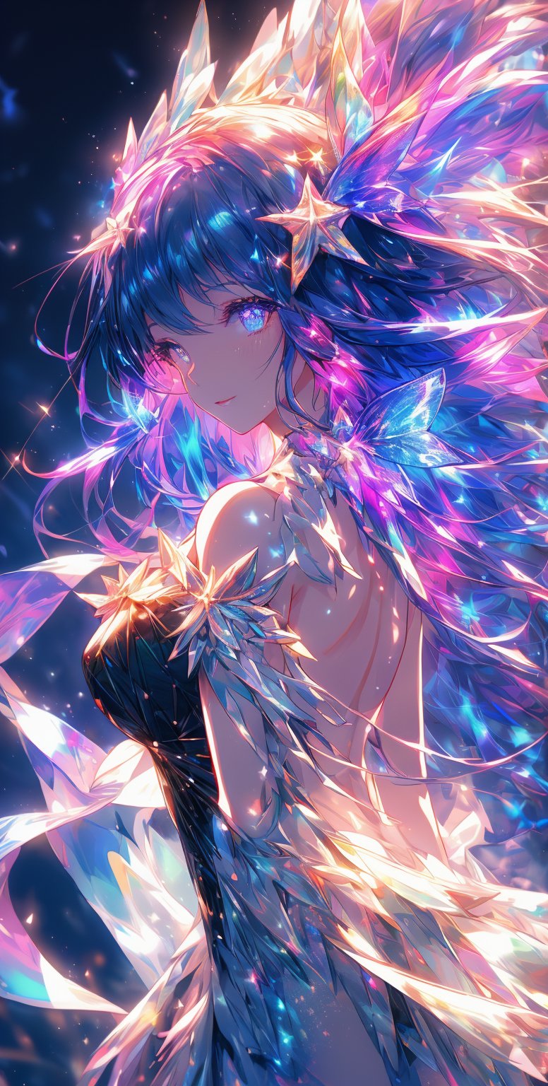 ultra detailed close up illustration of a woman at the seashore after sunset, she wears a flowy holographic dress made of silk and tulle and very glowy, bioluminiscent, fantasy art, dreamlike, backlit, 