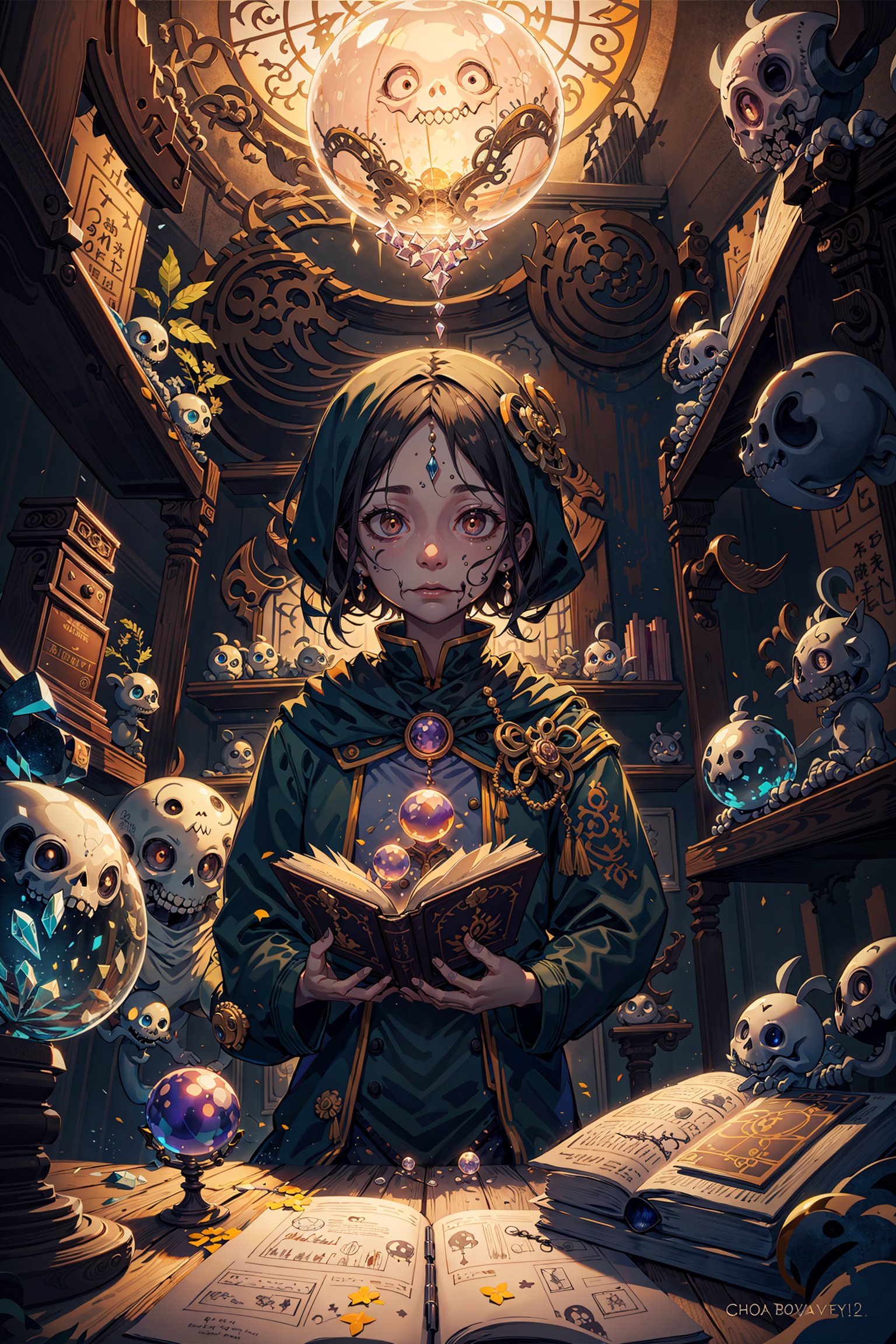 ,Masterpiece,best quality,a (ghoul) in a classroom in Transylvania, a crystal ball in front of the ghoul, studying with the crystal ball,background with a lot of details,cart00d,behind shelves of magic books