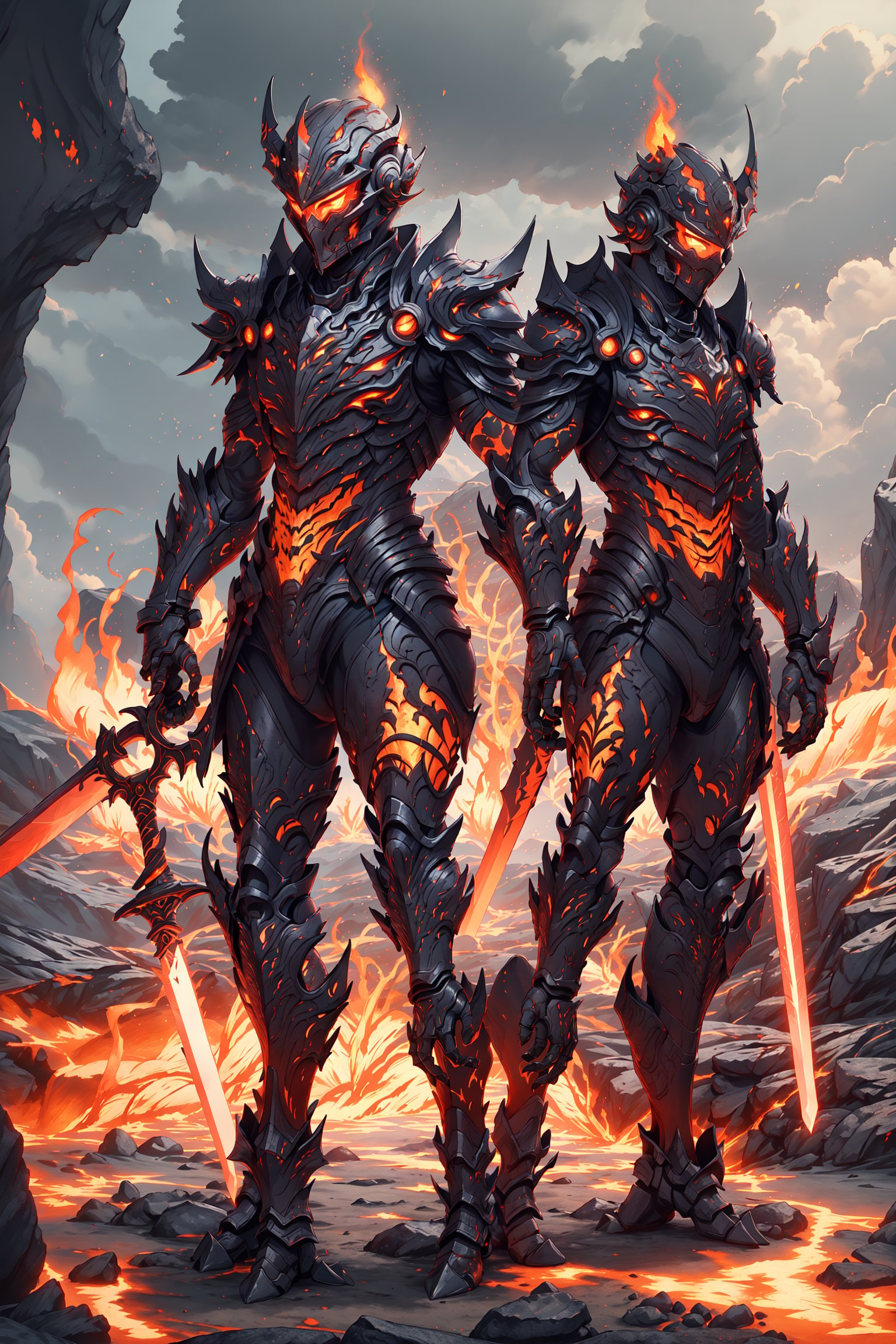 magma_knight, helmet, full_gear, long_blooded_sword, flame_aura_emitting, scorched_land, fantasy_armor, demon_helmet, looking_up, sad,