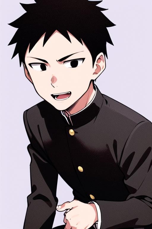 masterpiece, best quality, <lora:tanaka_ayumu:0.7>   tanaka_ayumu, 1boy, solo, black eyes, dot pupils, black hair, short hair, smile, looking at viewer,  white shirt, gakuran, black jacket, long sleeves, black pants, purple background, simple background, open mouth, outdoors, detailed