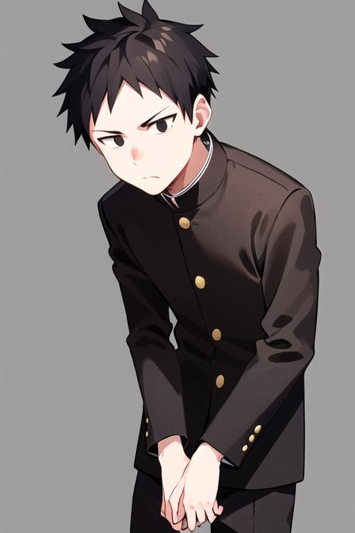 masterpiece, best quality, <lora:tanaka_ayumu:0.7>   tanaka_ayumu, 1boy, solo, black eyes, dot pupils, black hair, short hair, expressionless, looking at viewer,  gakuran, black jacket, black pants, standing, blue background, simple background, detailed