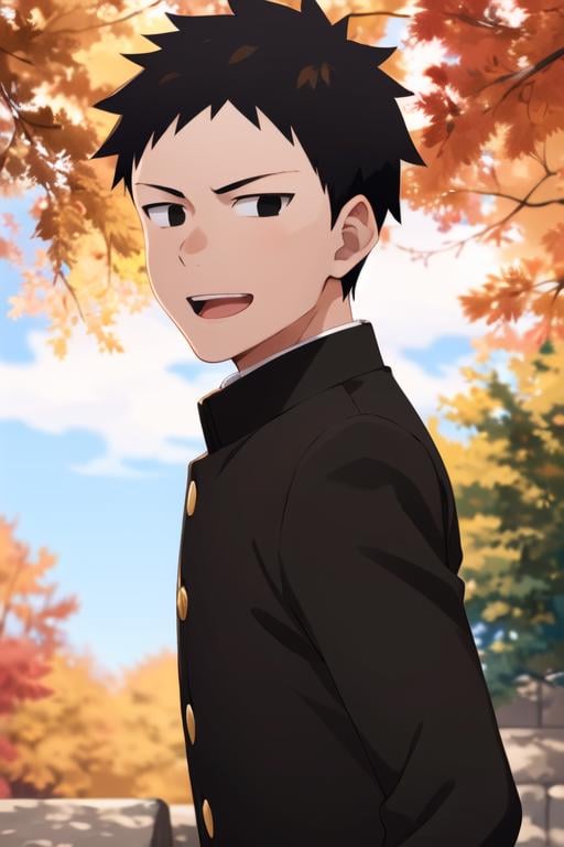 masterpiece, best quality, <lora:tanaka_ayumu:0.7>   tanaka_ayumu, 1boy, solo, black eyes, dot pupils, black hair, short hair, smile, looking at viewer,  gakuran, black jacket, upper body, open mouth, from side, outdoors, tree, autumn leaves, 