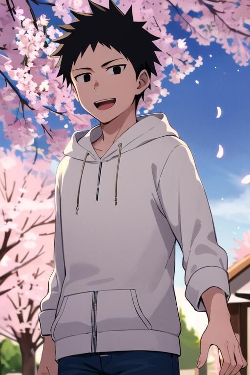 masterpiece, best quality, <lora:tanaka_ayumu:0.7>   tanaka_ayumu, 1boy, solo, black eyes, dot pupils, black hair, short hair, smile, looking at viewer,  white shirt, blue hoodie, open hoodie, jeans, upper body, open mouth, outdoors, tree, cherry blossoms, 