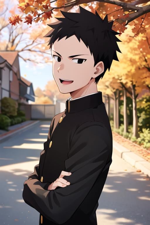 masterpiece, best quality, <lora:tanaka_ayumu:0.7>   tanaka_ayumu, 1boy, solo, black eyes, dot pupils, black hair, short hair, smile, looking at viewer,  gakuran, black jacket, upper body, crossed arms, open mouth, from side, outdoors, tree, autumn leaves, 