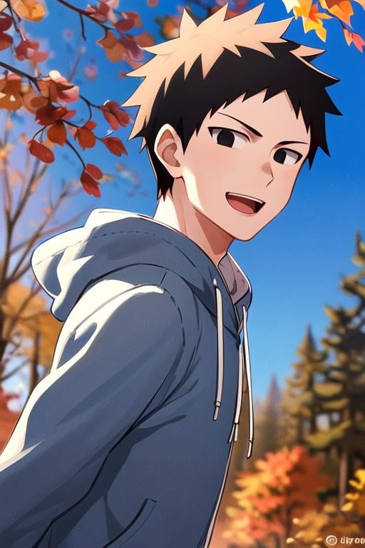 masterpiece, best quality, <lora:tanaka_ayumu:0.7>   tanaka_ayumu, 1boy, solo, black eyes, dot pupils, black hair, short hair, smile, looking at viewer,  white shirt, blue hoodie, open hoodie, jeans, upper body, open mouth, from side, outdoors, tree, autumn leaves, 