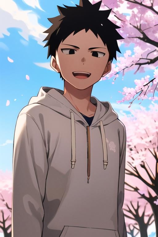 masterpiece, best quality, <lora:tanaka_ayumu:0.7>   tanaka_ayumu, 1boy, solo, black eyes, dot pupils, black hair, short hair, smile, looking at viewer,  white shirt, blue hoodie, open hoodie, jeans, upper body, open mouth, outdoors, tree, cherry blossoms, 