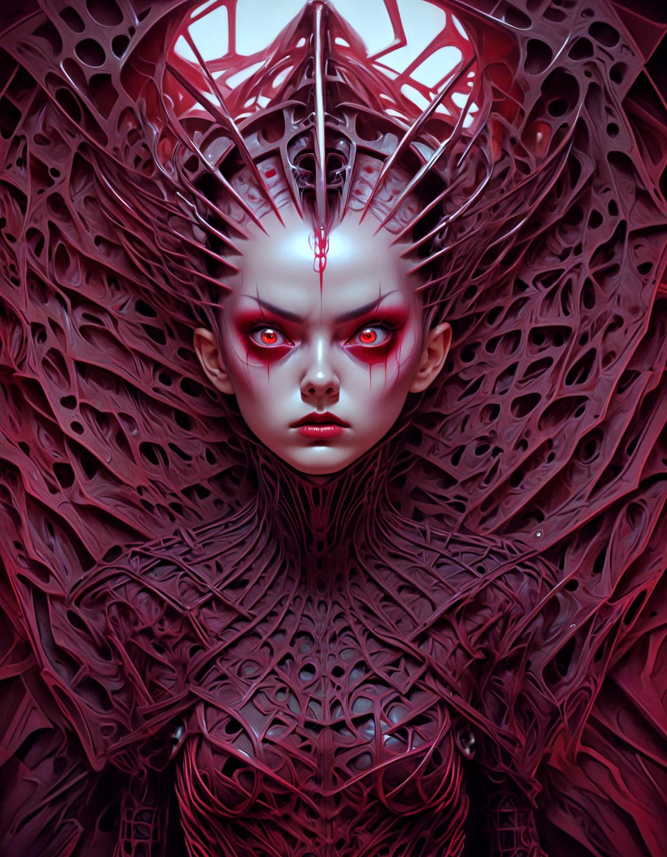 portrait biomechanical Twisted geometric patterns, kaleidoscopic nightmares, shattered illusions, blood-red angles, haute couture in chaos, Escher-inspired Fashion Weekly, labyrinthine corridors bathed in ominous neon lights, focus on the face, macabre,(futuristic asian daemon:1.2),(gric style:1.15),hyperrealistic,