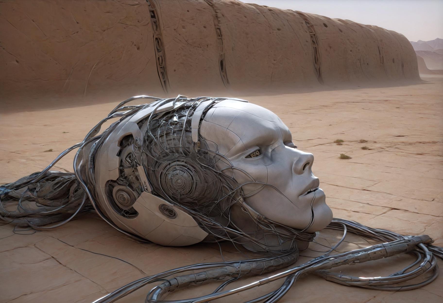 cyborg head laying on the floor, cables come out of the head, biomechanical Twisted geometric patterns in the background, in a desert,(gric style:1.15),,