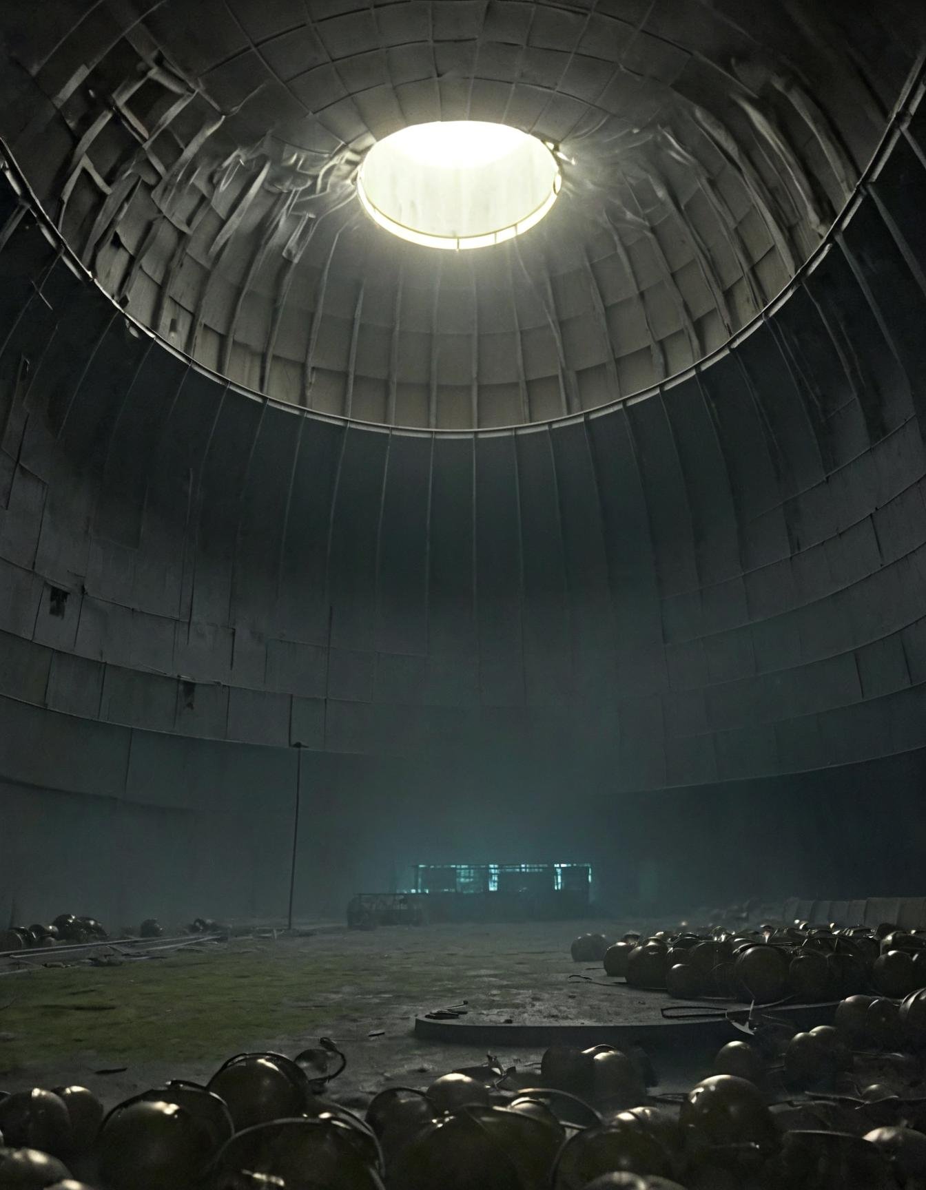 inside of a nuclear cooling tower at chernobyl illuminated by a gentle glow. The scene gives the impression of a supernatural city existing between worlds, radioactive glow,(gric style:1.15),hyperrealistic,