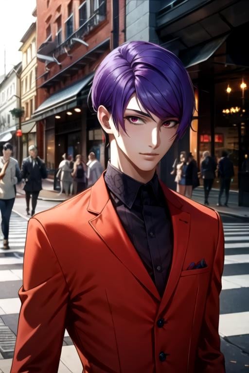 masterpiece, best quality, game cg, 1boy, solo, male focus, looking at viewer, upper body, , , , <lora:shuu_tsukiyama:0.74>, shuu_tsukiyama, purple hair, black sclera, red eyes, greek costume, crosswalk,