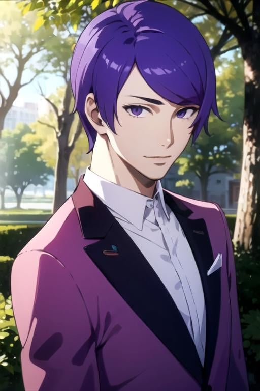 masterpiece, best quality, , 1boy, solo, male focus, looking at viewer, , , , realistic, <lora:shuu_tsukiyama:0.68>, shuu_tsukiyama, purple hair, purple eyes, decade costume, Grotto, High definition