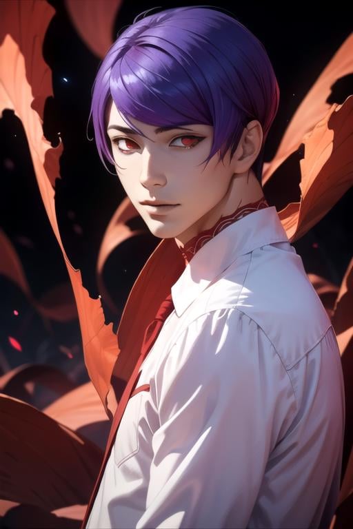 masterpiece, best quality, , 1boy, solo, male focus, looking at viewer, upper body, depth of field, ligne claire, realistic, <lora:shuu_tsukiyama:0.74>, shuu_tsukiyama, purple hair, black sclera, red eyes, king costume, time travel,